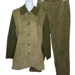 Vintage 80s Suede Leather Knit Jacket Pant Set L 14 Green Pockets Fully Lined